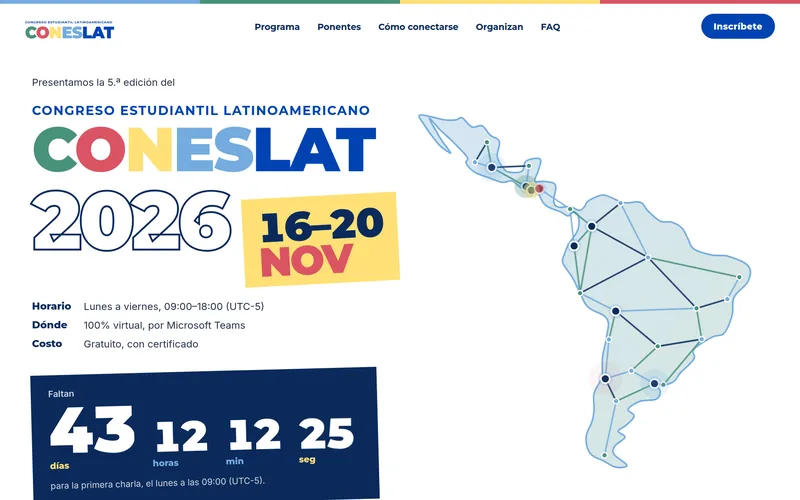 Portada de CONESLAT 2026: fechas del 16 al 20 de noviembre, horario, modalidad virtual y cuenta regresiva
